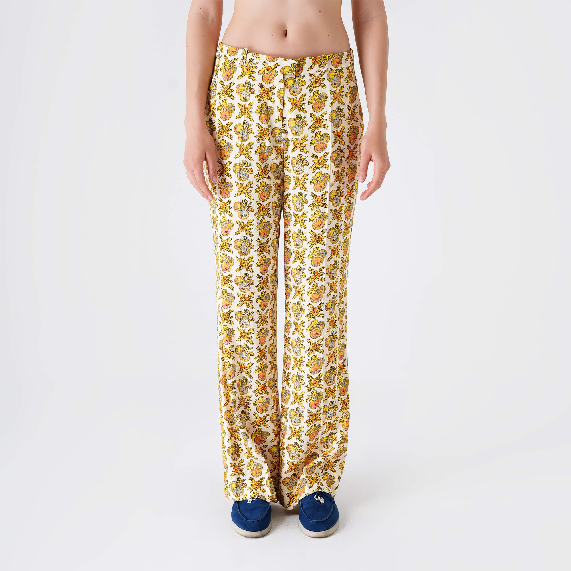 Etro - Yellow&Orange Cherry Floral Print Viscose Flare Pants